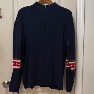 Neve Men's XL 100% New Wool Qtr Zip Crew Neck Sweater. Blue w/Red and White